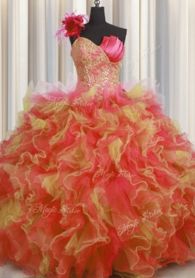 One Shoulder Handcrafted Flower Floor Length Ball Gowns Sleeveless Multi-color 15 Quinceanera Dress Lace Up