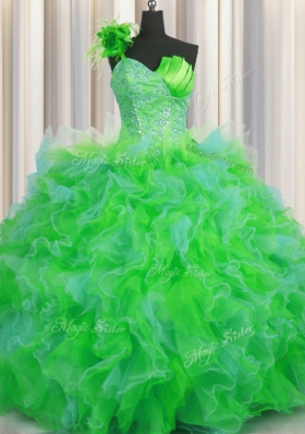 One Shoulder Handcrafted Flower Multi-color Sleeveless Beading and Ruffles and Hand Made Flower Floor Length Sweet 16 Quinceanera Dress