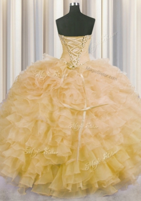 Organza Sweetheart Sleeveless Lace Up Beading and Ruffles Quinceanera Gown in Gold
