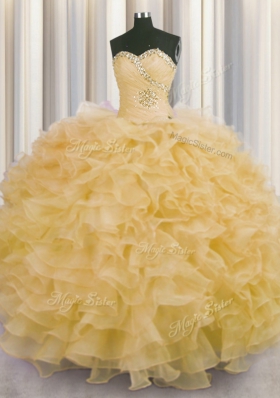 Organza Sweetheart Sleeveless Lace Up Beading and Ruffles Quinceanera Gown in Gold