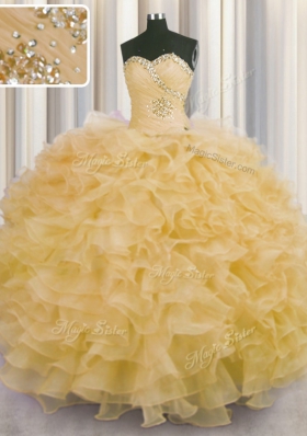 Organza Sweetheart Sleeveless Lace Up Beading and Ruffles Quinceanera Gown in Gold