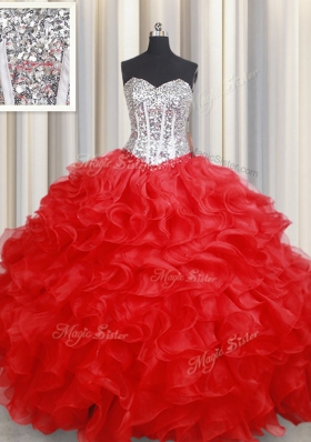 Red Lace Up Sweetheart Beading and Ruffles Ball Gown Prom Dress Organza Sleeveless