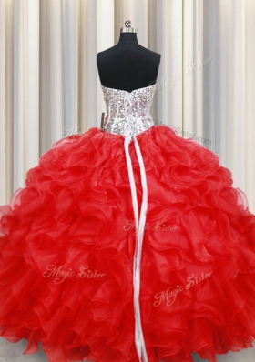 Red Lace Up Sweetheart Beading and Ruffles Ball Gown Prom Dress Organza Sleeveless