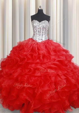 Red Lace Up Sweetheart Beading and Ruffles Ball Gown Prom Dress Organza Sleeveless