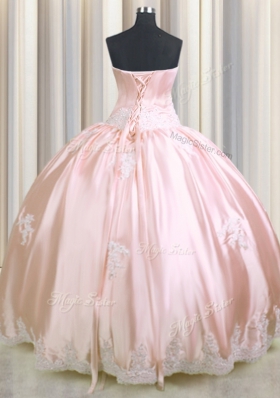 Romantic Baby Pink Ball Gowns Taffeta Strapless Sleeveless Beading and Appliques Floor Length Lace Up Vestidos de Quinceanera