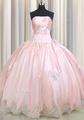 Romantic Baby Pink Ball Gowns Taffeta Strapless Sleeveless Beading and Appliques Floor Length Lace Up Vestidos de Quinceanera