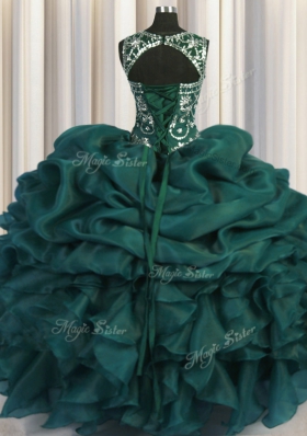 Scoop See Through Teal Sleeveless Beading and Sequins and Pick Ups Floor Length Sweet 16 Dress