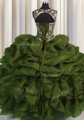 See Through Olive Green Organza Lace Up Scoop Sleeveless Floor Length Sweet 16 Quinceanera Dress Beading and Pick Ups