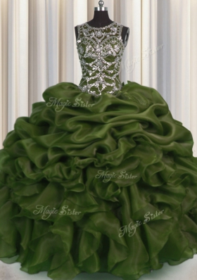 See Through Olive Green Organza Lace Up Scoop Sleeveless Floor Length Sweet 16 Quinceanera Dress Beading and Pick Ups