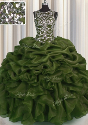 See Through Olive Green Organza Lace Up Scoop Sleeveless Floor Length Sweet 16 Quinceanera Dress Beading and Pick Ups