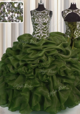 See Through Olive Green Organza Lace Up Scoop Sleeveless Floor Length Sweet 16 Quinceanera Dress Beading and Pick Ups
