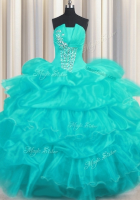 Shining Aqua Blue Organza Lace Up 15th Birthday Dress Sleeveless Floor Length Beading and Ruffled Layers and Pick Ups