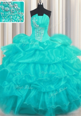 Shining Aqua Blue Organza Lace Up 15th Birthday Dress Sleeveless Floor Length Beading and Ruffled Layers and Pick Ups