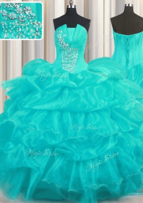 Shining Aqua Blue Organza Lace Up 15th Birthday Dress Sleeveless Floor Length Beading and Ruffled Layers and Pick Ups
