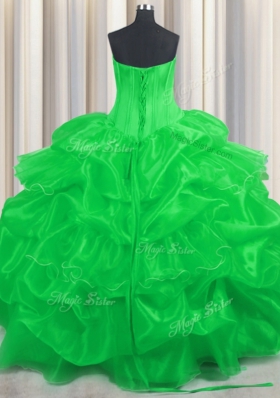 Strapless Sleeveless Sweet 16 Quinceanera Dress Floor Length Beading and Ruffled Layers and Pick Ups Green Organza