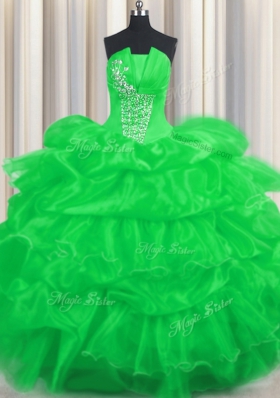 Strapless Sleeveless Sweet 16 Quinceanera Dress Floor Length Beading and Ruffled Layers and Pick Ups Green Organza