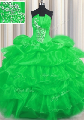 Strapless Sleeveless Sweet 16 Quinceanera Dress Floor Length Beading and Ruffled Layers and Pick Ups Green Organza