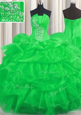 Strapless Sleeveless Sweet 16 Quinceanera Dress Floor Length Beading and Ruffled Layers and Pick Ups Green Organza