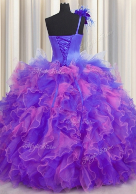 Suitable One Shoulder Handcrafted Flower Sleeveless Beading and Ruffles and Hand Made Flower Lace Up Sweet 16 Dress