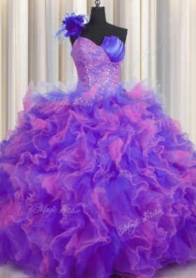 Suitable One Shoulder Handcrafted Flower Sleeveless Beading and Ruffles and Hand Made Flower Lace Up Sweet 16 Dress