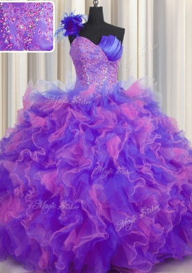 Suitable One Shoulder Handcrafted Flower Sleeveless Beading and Ruffles and Hand Made Flower Lace Up Sweet 16 Dress