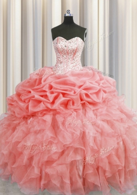 Trendy Visible Boning Ruffles and Pick Ups Quinceanera Gowns Watermelon Red Lace Up Sleeveless Floor Length