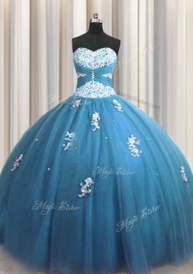 Tulle Sleeveless Floor Length Quinceanera Gowns and Beading and Appliques