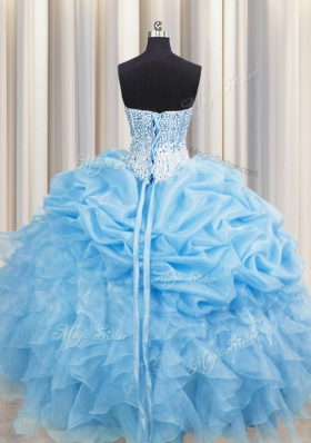 Visible Boning Beading and Ruffles and Pick Ups Sweet 16 Quinceanera Dress Baby Blue Lace Up Sleeveless Floor Length