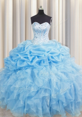Visible Boning Beading and Ruffles and Pick Ups Sweet 16 Quinceanera Dress Baby Blue Lace Up Sleeveless Floor Length
