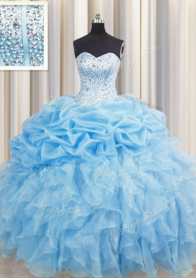 Visible Boning Beading and Ruffles and Pick Ups Sweet 16 Quinceanera Dress Baby Blue Lace Up Sleeveless Floor Length