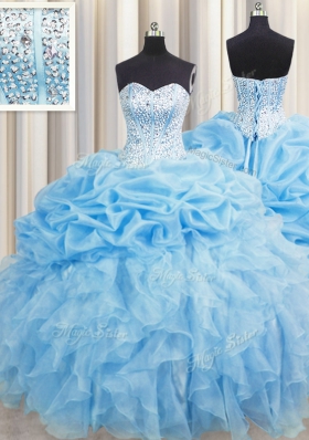Visible Boning Beading and Ruffles and Pick Ups Sweet 16 Quinceanera Dress Baby Blue Lace Up Sleeveless Floor Length
