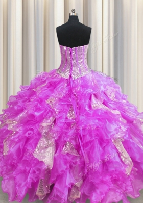 Visible Boning Lilac Ball Gowns Sweetheart Sleeveless Organza and Sequined Floor Length Lace Up Beading and Ruffles and Sequins Quinceanera Dress