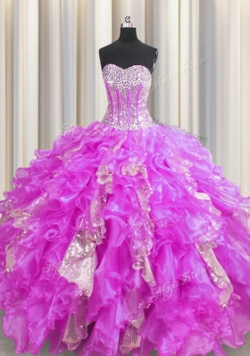 Visible Boning Lilac Ball Gowns Sweetheart Sleeveless Organza and Sequined Floor Length Lace Up Beading and Ruffles and Sequins Quinceanera Dress