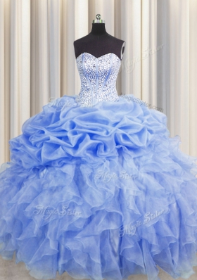 Visible Boning Sleeveless Organza Floor Length Lace Up 15th Birthday Dress in Baby Blue for with Ruffles and Pick Ups