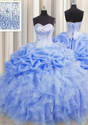Visible Boning Sleeveless Organza Floor Length Lace Up 15th Birthday Dress in Baby Blue for with Ruffles and Pick Ups