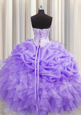 Visible Boning Sleeveless Organza Floor Length Lace Up Quinceanera Dresses in Lavender for with Beading and Ruffles and Pick Ups