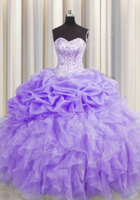 Visible Boning Sleeveless Organza Floor Length Lace Up Quinceanera Dresses in Lavender for with Beading and Ruffles and Pick Ups