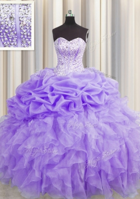 Visible Boning Sleeveless Organza Floor Length Lace Up Quinceanera Dresses in Lavender for with Beading and Ruffles and Pick Ups