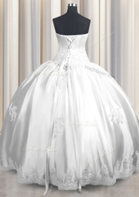 White Sleeveless Taffeta Lace Up Ball Gown Prom Dress for Military Ball and Sweet 16 and Quinceanera