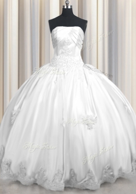 White Sleeveless Taffeta Lace Up Ball Gown Prom Dress for Military Ball and Sweet 16 and Quinceanera