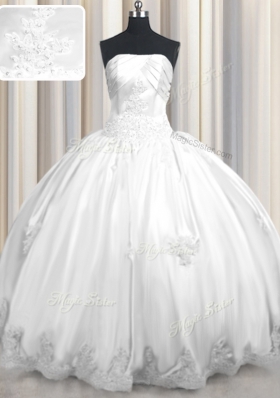 White Sleeveless Taffeta Lace Up Ball Gown Prom Dress for Military Ball and Sweet 16 and Quinceanera