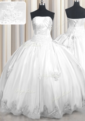 White Sleeveless Taffeta Lace Up Ball Gown Prom Dress for Military Ball and Sweet 16 and Quinceanera