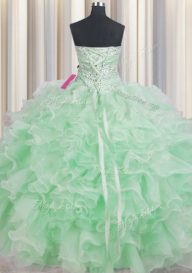 Apple Green Sleeveless Floor Length Beading and Ruffles Lace Up Quinceanera Dresses