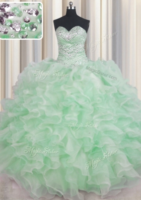 Apple Green Sleeveless Floor Length Beading and Ruffles Lace Up Quinceanera Dresses