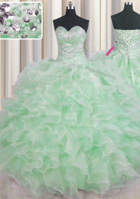 Apple Green Sleeveless Floor Length Beading and Ruffles Lace Up Quinceanera Dresses