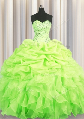 Attractive Sleeveless Floor Length Beading and Ruffles and Pick Ups Lace Up Ball Gown Prom Dress with Yellow Green