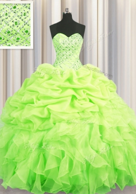 Attractive Sleeveless Floor Length Beading and Ruffles and Pick Ups Lace Up Ball Gown Prom Dress with Yellow Green