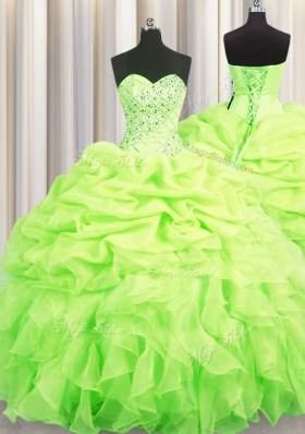 Attractive Sleeveless Floor Length Beading and Ruffles and Pick Ups Lace Up Ball Gown Prom Dress with Yellow Green