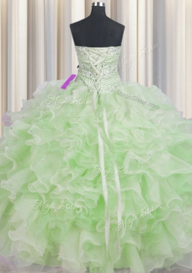 Beauteous Green Ball Gowns Organza Sweetheart Sleeveless Beading and Ruffles Floor Length Lace Up Quince Ball Gowns