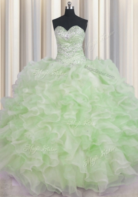 Beauteous Green Ball Gowns Organza Sweetheart Sleeveless Beading and Ruffles Floor Length Lace Up Quince Ball Gowns